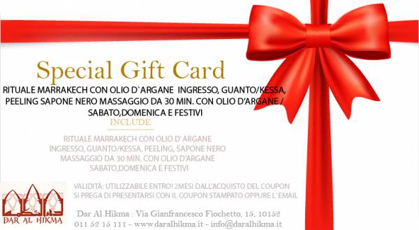 RITUALE MARRAKECH CON OLIO D`ARGANE /INGRESSO, GUANTO/KESSA, PEELING, SAPONE NERO MASSAGGIO DA 30 MIN. CON OLIO D’ARGANE / SABATO,DOMENICA E FESTIVI